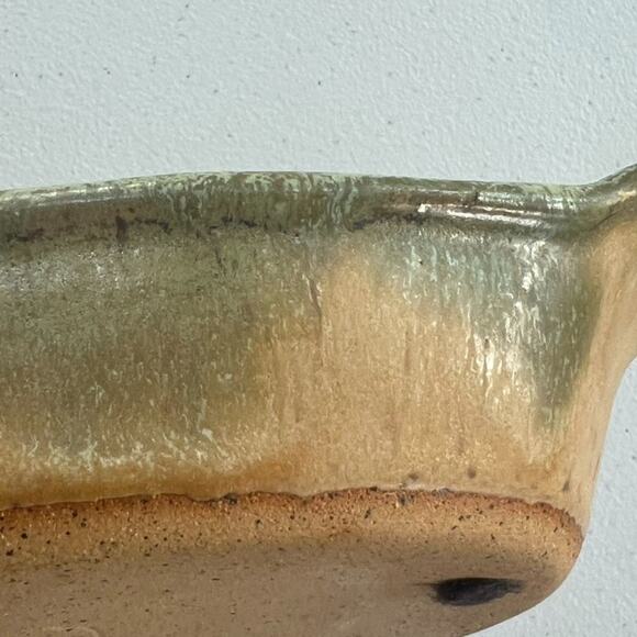 Pottery Art Green Brown Au Gratin Dish Oval Serving Stoneware Hand Made & Signed - Picture 5 of 12